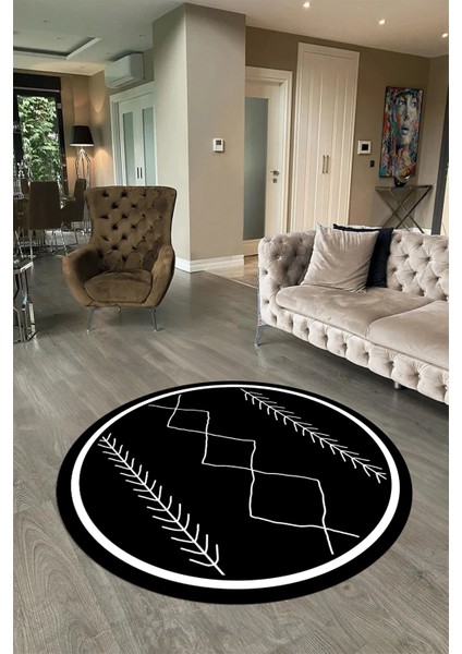 Dijital Baskılı Kaymaz Yıkanabilir Iskandinav Yuvarlak Salon Halısı, N-Y-Iskandinav-01-Siyah,