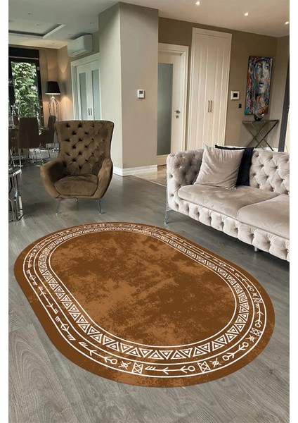 Dijital Baskılı Kaymaz Taban Yıkanabilir Iskandinav Oval Salon Halısı, N-O-Iskandinav-30-Kahve,