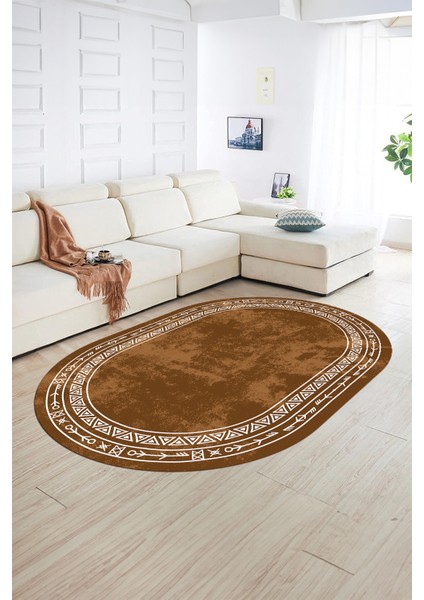 Dijital Baskılı Kaymaz Taban Yıkanabilir Iskandinav Oval Salon Halısı, N-O-Iskandinav-30-Kahve,