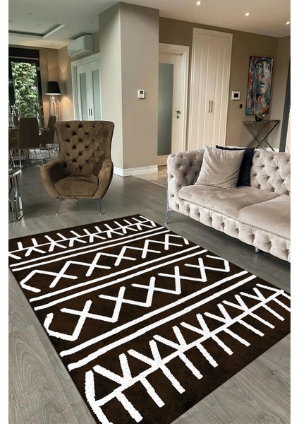 Dijital Baskılı Kaymaz Taban Yıkanabilir Iskandinav Yolluk Salon Halısı, N-Iskandinav-28-Kahve,