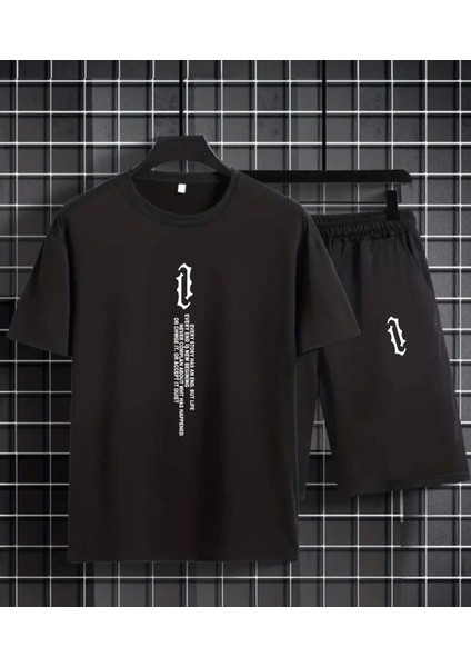 Özel Tasarım Dikey Yazı Sembol Baskılı Modern Erkek Çocuk T-Shırt Şort Takımı