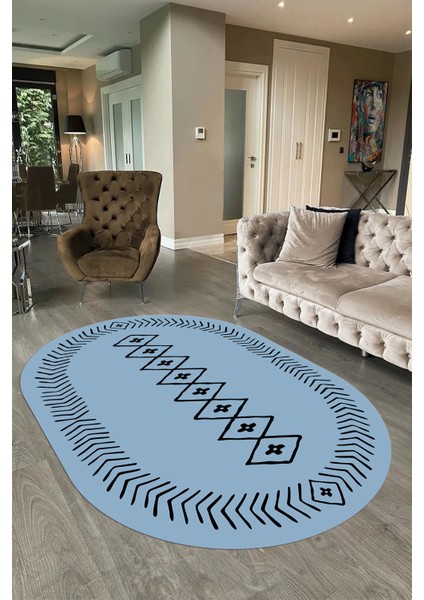 Dijital Baskılı Kaymaz Taban Yıkanabilir Iskandinav Oval Salon Halısı, N-O-Iskandinav-03-Mavi,