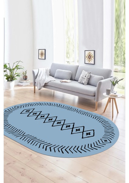 Dijital Baskılı Kaymaz Taban Yıkanabilir Iskandinav Oval Salon Halısı, N-O-Iskandinav-03-Mavi, modelleri