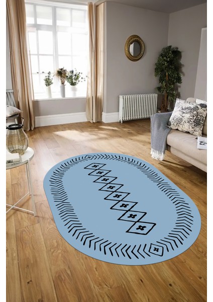 Dijital Baskılı Kaymaz Taban Yıkanabilir Iskandinav Oval Salon Halısı, N-O-Iskandinav-03-Mavi, indirimleri