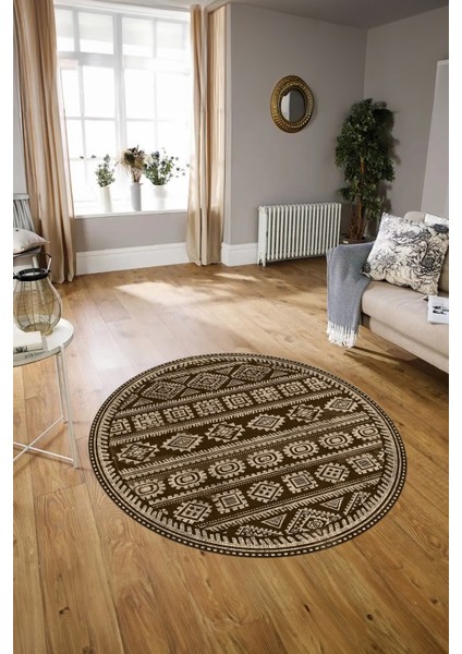 Dijital Baskılı Kaymaz Yıkanabilir Iskandinav Yuvarlak Salon Halısı, N-Y-Iskandinav-23-Kahve, indirimleri