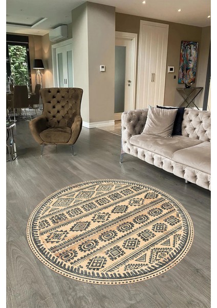 Dijital Baskılı Kaymaz Yıkanabilir Iskandinav Yuvarlak Salon Halısı, N-Y-Iskandinav-23-Krem,