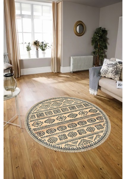 Dijital Baskılı Kaymaz Yıkanabilir Iskandinav Yuvarlak Salon Halısı, N-Y-Iskandinav-23-Krem, indirimleri