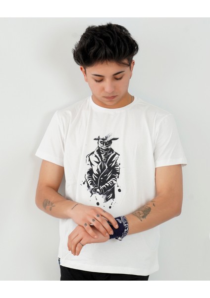 Kovboy Adam Baskılı Oversi̇Ze Beyaz Ti̇Şört