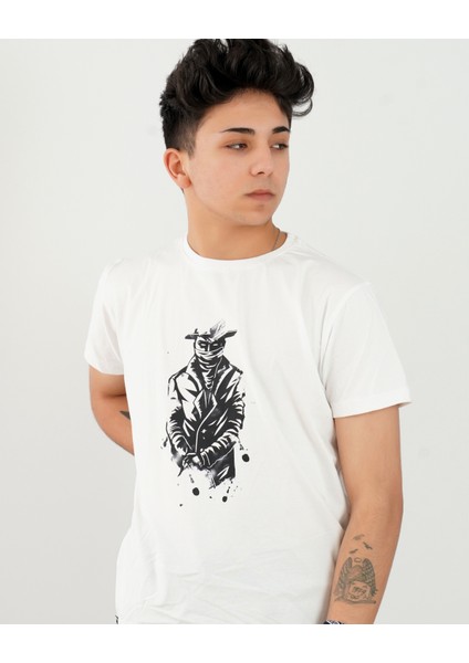 Kovboy Adam Baskılı Oversi̇Ze Beyaz Ti̇Şört modelleri