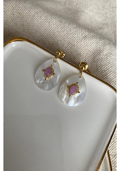 Vintage Sedef Üzerinde Pembe Taşlı Çelik Küpe