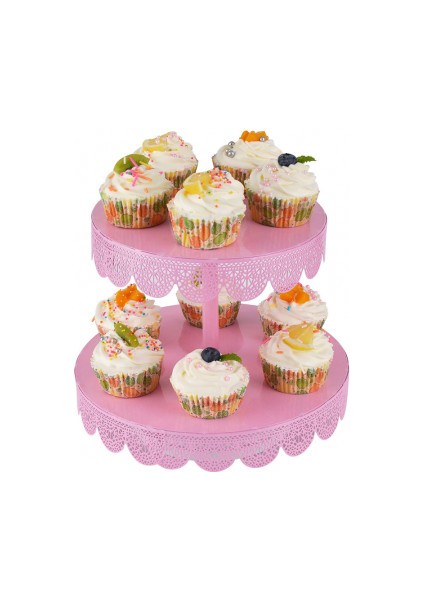 Muffin Cupcake Kurabiye Mini Pasta Kek Servis Sunum Standı Pembe Metal Sunumluk 2 Katlı