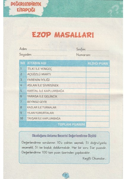 Ezop Masalları 10 Kitap - Değerlendirme Kitapçığı