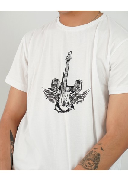 Kanatlı Gitar Baskılı Oversize Beyaz Tişört