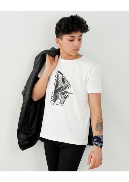 Canavar Baskılı Oversize Erkek Beyaz Tişört fiyatları