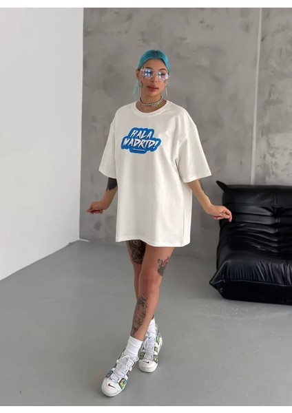 Moda Muvo Store Bisiklet Yaka Baskılı Oversize T-Shirt Beyaz