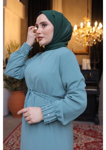Mint Taşlı Piliseli Güpürlü Şifon Elbise fırsatları