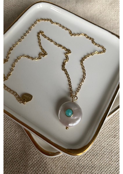 Inci Üzerinde Turkuaz Taşlı Çelik Kolye 43CM