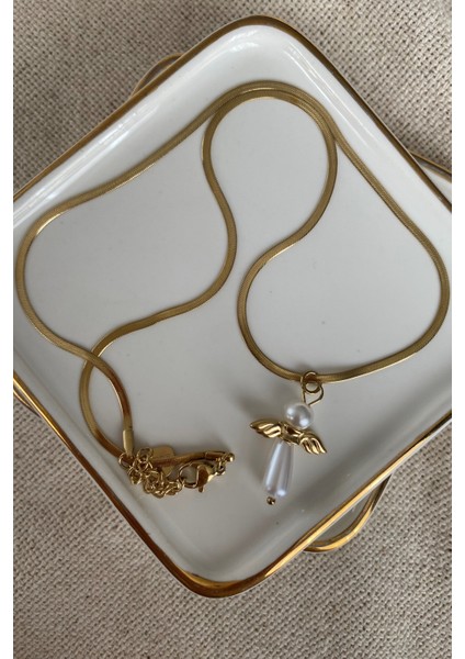 Incili Melek Çelik Kolye 48CM