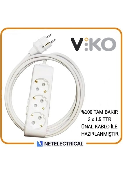 Multi-Let 3'lü 8 Metre Topraklı Çocuk Korumalı Kablolu Grup Priz