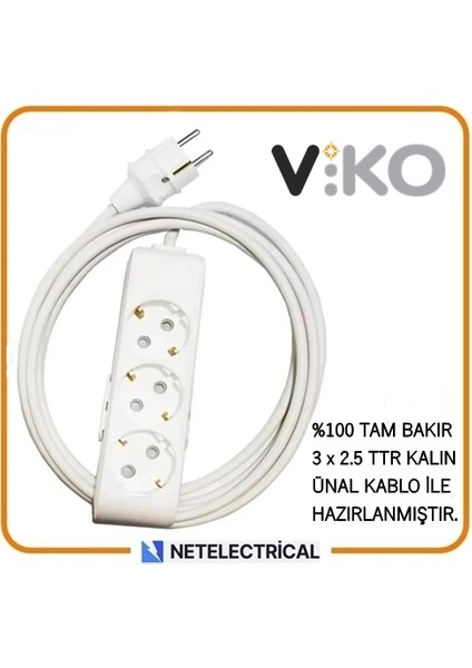Multi-Let 3'lü 10 Metre Topraklı Çocuk Korumalı Grup Priz (3x2.5 Ttr Tam Bakır Kalın Kablolu)