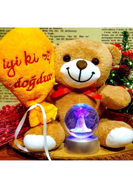 Iyi Ki Doğdun Peluş Ayıcık ve Melek Figürlü Cam Küre Doğum Günü Hediyesi