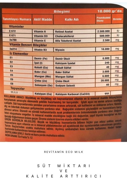 Revitamin Eco Milk Büyük ve Küçükbaş Hayvan Vitamin Mineral Premiks Kova-Kraft