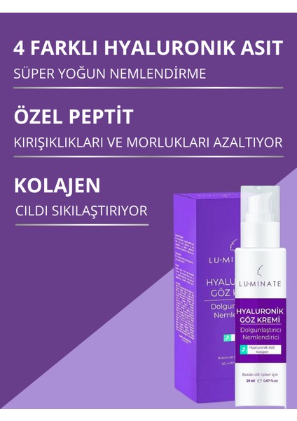 Göz Altı Kremi Hyaluronik Asit Peptit Kolajen Anti-Age Dolgunlaştırıcı Göz Çevresi Nemlendirici Yaşlanma Karşıtı 20 ml