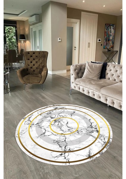 Dijital Baskılı Kaymaz Yıkanabilir Mermer Yuvarlak Mutfak Salon Halısı, N-Y-Mermer-16-Beyaz,