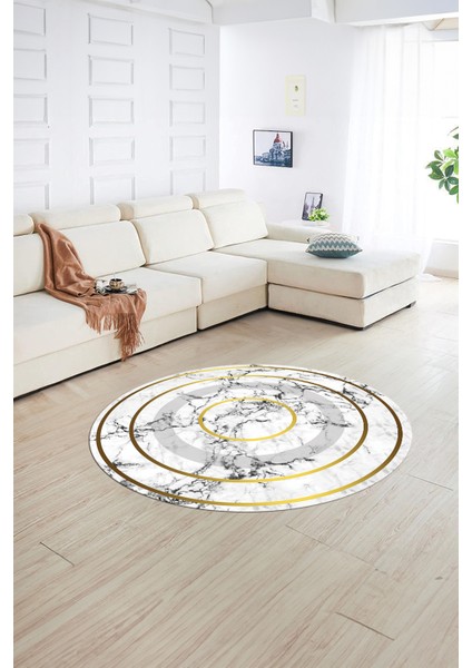 Dijital Baskılı Kaymaz Yıkanabilir Mermer Yuvarlak Mutfak Salon Halısı, N-Y-Mermer-16-Beyaz,