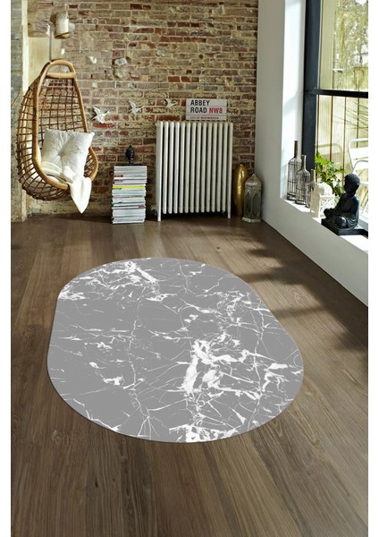 Dijital Baskılı Kaymaz Taban Yıkanabilir Mermer Oval Yolluk Salon Halısı, N-O-Mermer-27-Gri,