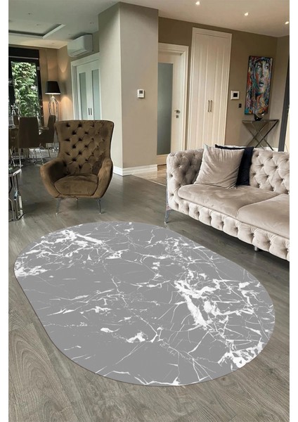 Dijital Baskılı Kaymaz Taban Yıkanabilir Mermer Oval Yolluk Salon Halısı, N-O-Mermer-27-Gri, fırsatları