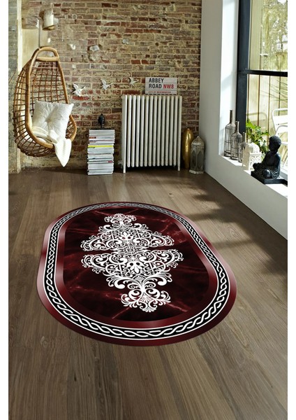 Dijital Baskılı Kaymaz Taban Yıkanabilir Mermer Oval Yolluk Salon Halısı, N-O-Mermer-09-Bordo,