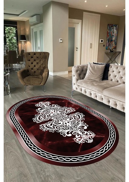Dijital Baskılı Kaymaz Taban Yıkanabilir Mermer Oval Yolluk Salon Halısı, N-O-Mermer-09-Bordo, fırsatları