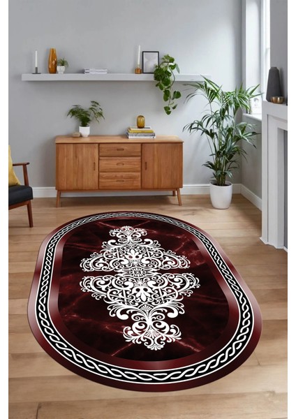 Dijital Baskılı Kaymaz Taban Yıkanabilir Mermer Oval Yolluk Salon Halısı, N-O-Mermer-09-Bordo, indirimleri