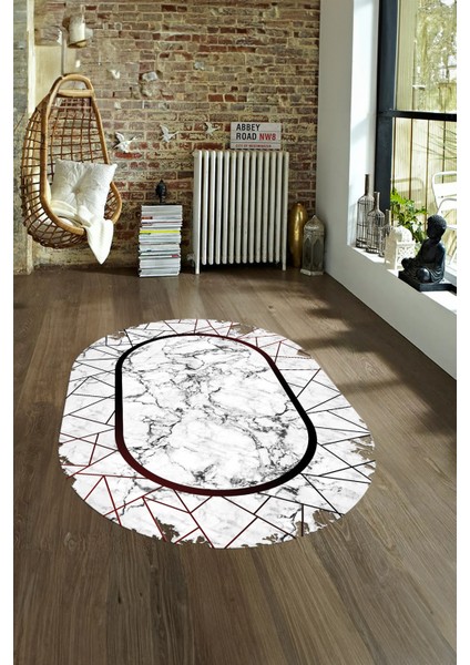 Dijital Baskılı Kaymaz Taban Yıkanabilir Mermer Oval Yolluk Salon Halısı, N-O-Mermer-11-Bordo,