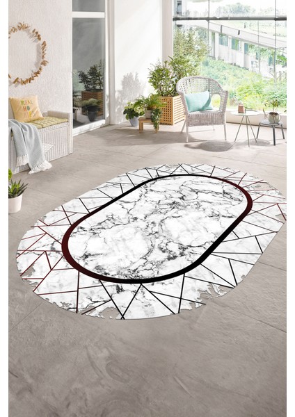 Dijital Baskılı Kaymaz Taban Yıkanabilir Mermer Oval Yolluk Salon Halısı, N-O-Mermer-11-Bordo, modelleri