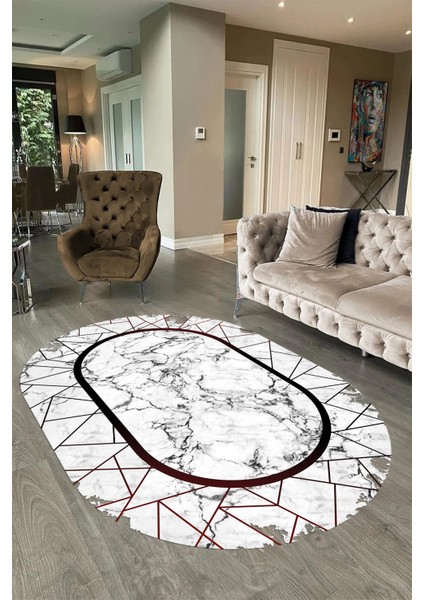 Dijital Baskılı Kaymaz Taban Yıkanabilir Mermer Oval Yolluk Salon Halısı, N-O-Mermer-11-Bordo, fırsatları