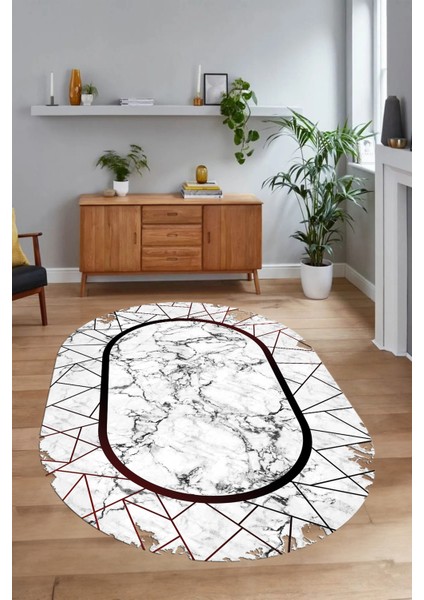 Dijital Baskılı Kaymaz Taban Yıkanabilir Mermer Oval Yolluk Salon Halısı, N-O-Mermer-11-Bordo, indirimleri