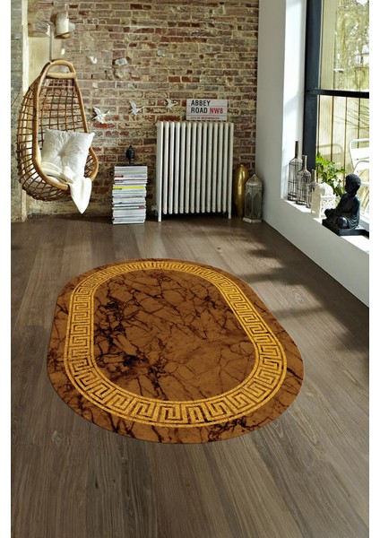 Dijital Baskılı Kaymaz Taban Yıkanabilir Mermer Oval Yolluk Salon Halısı, N-O-Mermer-12-Kahve,