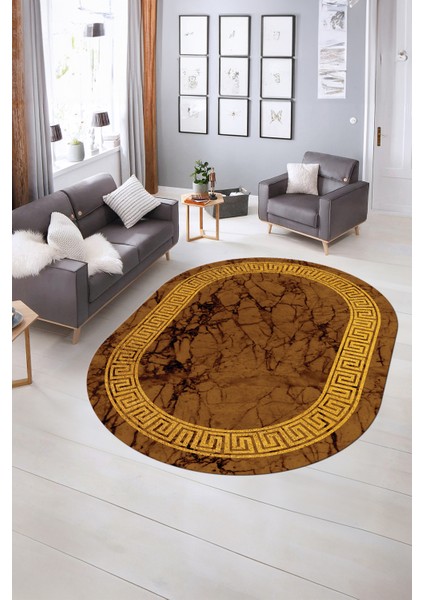 Dijital Baskılı Kaymaz Taban Yıkanabilir Mermer Oval Yolluk Salon Halısı, N-O-Mermer-12-Kahve, fiyatları
