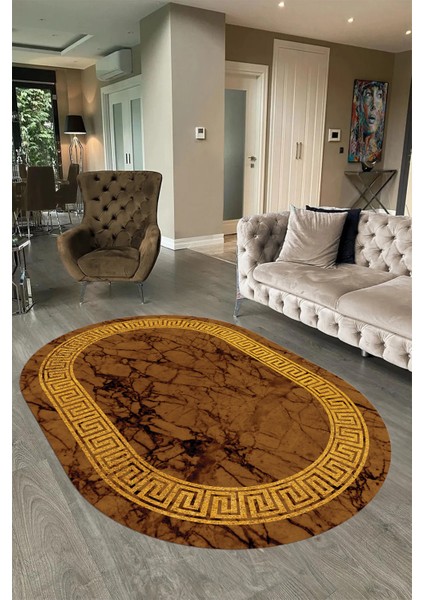 Dijital Baskılı Kaymaz Taban Yıkanabilir Mermer Oval Yolluk Salon Halısı, N-O-Mermer-12-Kahve, fırsatları