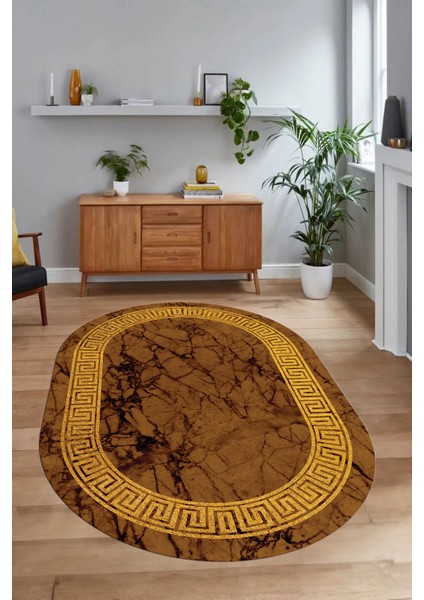 Dijital Baskılı Kaymaz Taban Yıkanabilir Mermer Oval Yolluk Salon Halısı, N-O-Mermer-12-Kahve, indirimleri