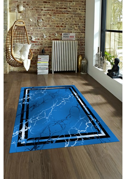 Dijital Baskılı Kaymaz Taban Yıkanabilir Mermer Yolluk Mutfak Salon Halısı, N-Mermer-08-Mavi,