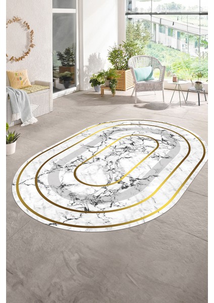 Dijital Baskılı Kaymaz Taban Yıkanabilir Mermer Oval Yolluk Salon Halısı, N-O-Mermer-16-Beyaz, modelleri