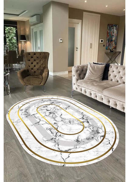 Dijital Baskılı Kaymaz Taban Yıkanabilir Mermer Oval Yolluk Salon Halısı, N-O-Mermer-16-Beyaz, fırsatları