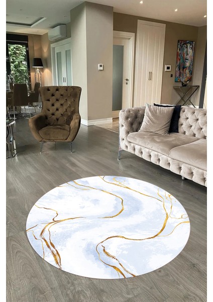Dijital Baskılı Kaymaz Yıkanabilir Mermer Yuvarlak Mutfak Salon Halısı, N-Y-Mermer-29-Mavi,
