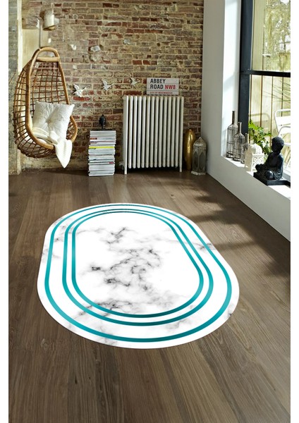 Dijital Baskılı Kaymaz Taban Yıkanabilir Mermer Oval Yolluk Salon Halısı, N-O-Mermer-05-Mavi,