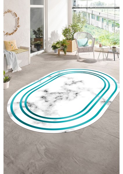Dijital Baskılı Kaymaz Taban Yıkanabilir Mermer Oval Yolluk Salon Halısı, N-O-Mermer-05-Mavi, modelleri
