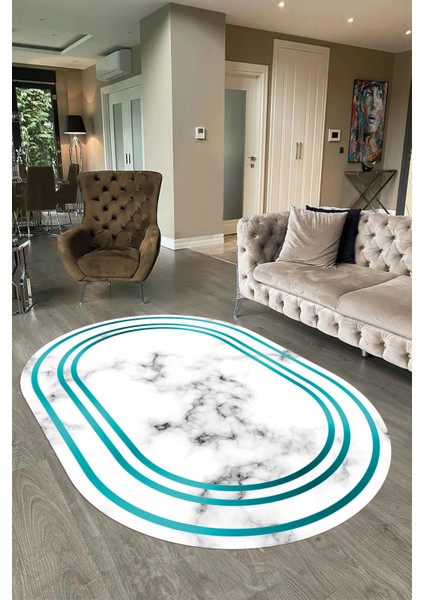 Dijital Baskılı Kaymaz Taban Yıkanabilir Mermer Oval Yolluk Salon Halısı, N-O-Mermer-05-Mavi, fırsatları