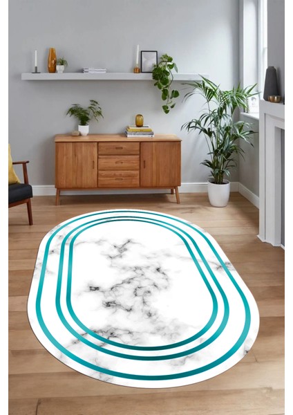 Dijital Baskılı Kaymaz Taban Yıkanabilir Mermer Oval Yolluk Salon Halısı, N-O-Mermer-05-Mavi, indirimleri